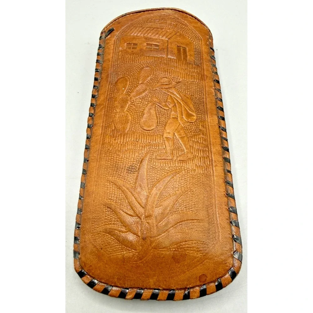 Genuine Hand Tooled Mexican Leather Aztec Pyramid, Sunstone Lined Eye Glass Case